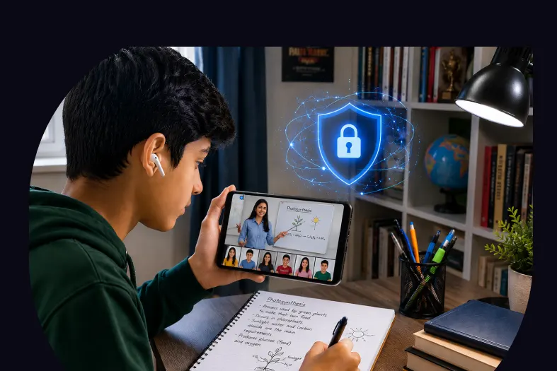 Student learning on a tablet with data protection shield