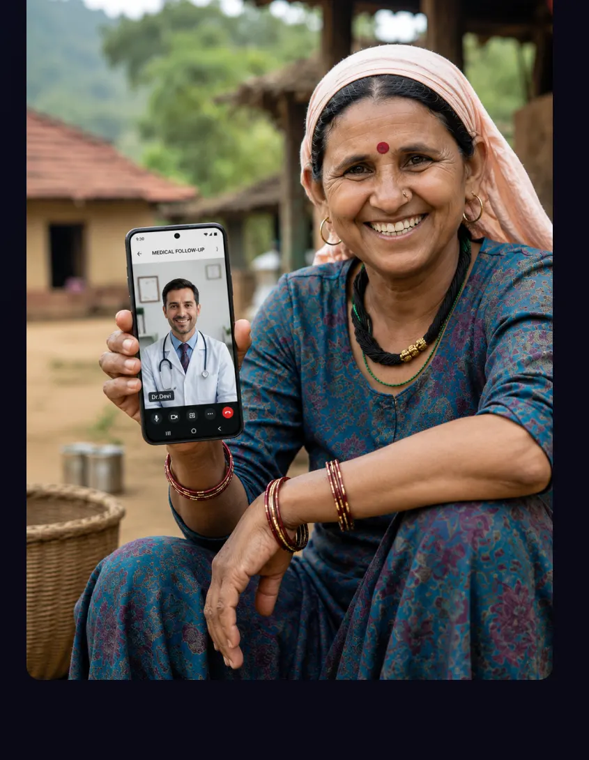 Rural patient holding a phone on a medical video follow-up