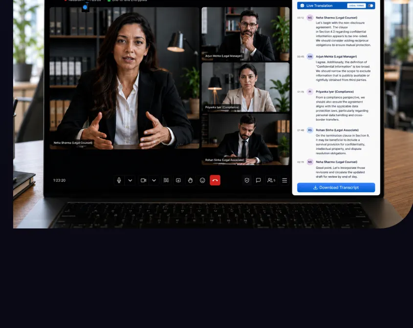 Legal review meeting with AI live caption and translation